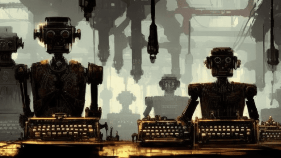 AI marketing robots on typewriters
